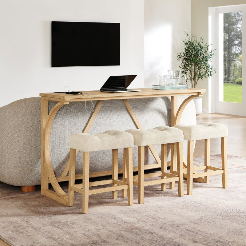 Table de salle à manger de 59 pouces avec charge intégrée, 3 tabourets moelleux, 4 pièces pour la surface de divertissement à la maison, centre de charge avec cadre en bois massif et chaises confortables, chaleur d'appoint, stable