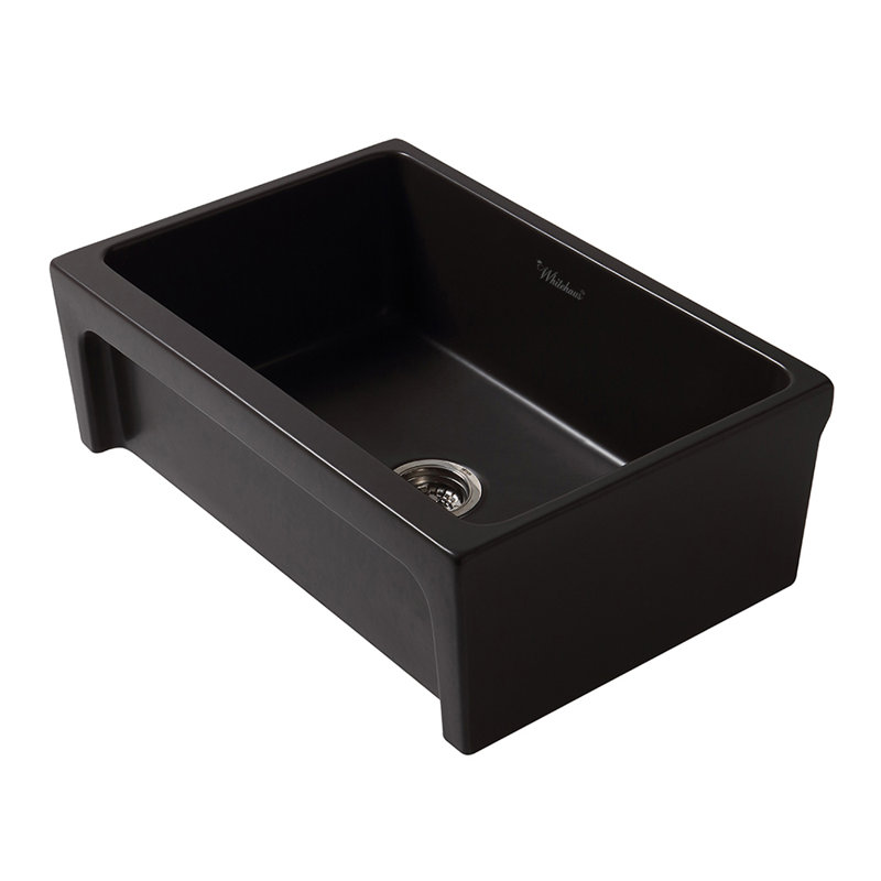 Whitehaus 30” Reversible Single Bowl Fireclay Kitchen Sink: 2-1/2" Lip, Beveled Front Apron, Glossy Black