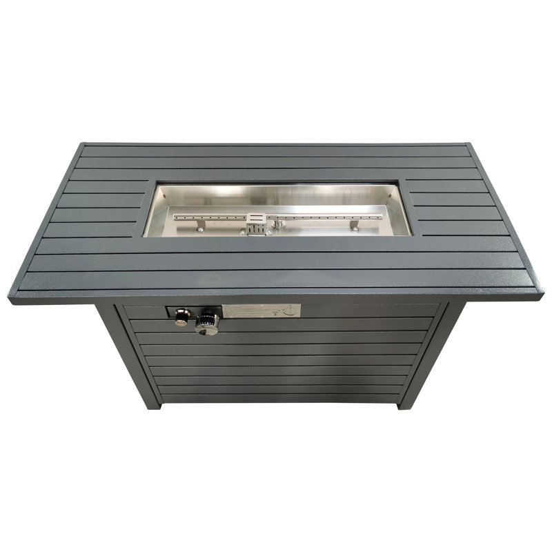 Table de foyer d'extérieur au propane en acier de 42 po x l 25 po avec couvercle, 50 000 heures, allumage par bouton-poussoir, gris, table réglable gris flamme, couvercle de 8 heures
