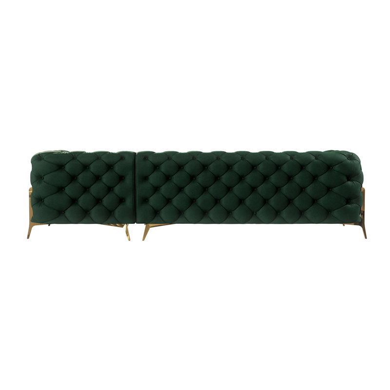 Corner Chaise Chesterfield Sofa  with Gold Metal Legs, Bottle Green, Right Hand Facing