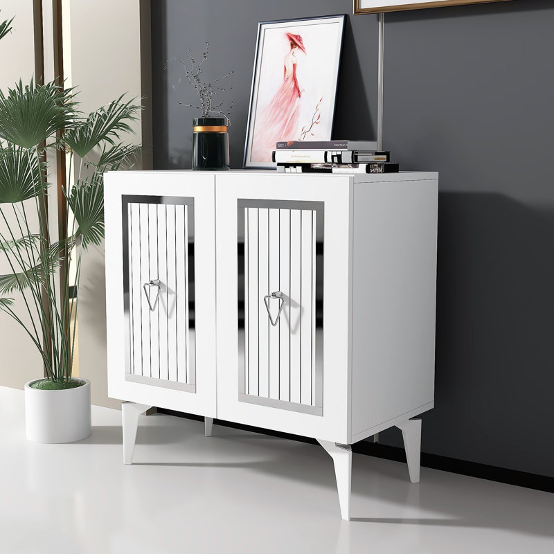 Console moderne, blanc et argent, 29,5 po x 31,1 po x 15,7 po | 100% panneau de particules enduit de mélamine, épaisseur: 0,7 pouce | Conception robuste avec pieds de 19 pouces de hauteur, parfait pour le vestibule et le salon