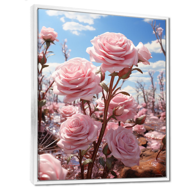 Rose rose vibrant bleu ciel - Roses, art mural salon, Toile encadrée flottée blanche, H 32 po x l 16 po x P 1 po