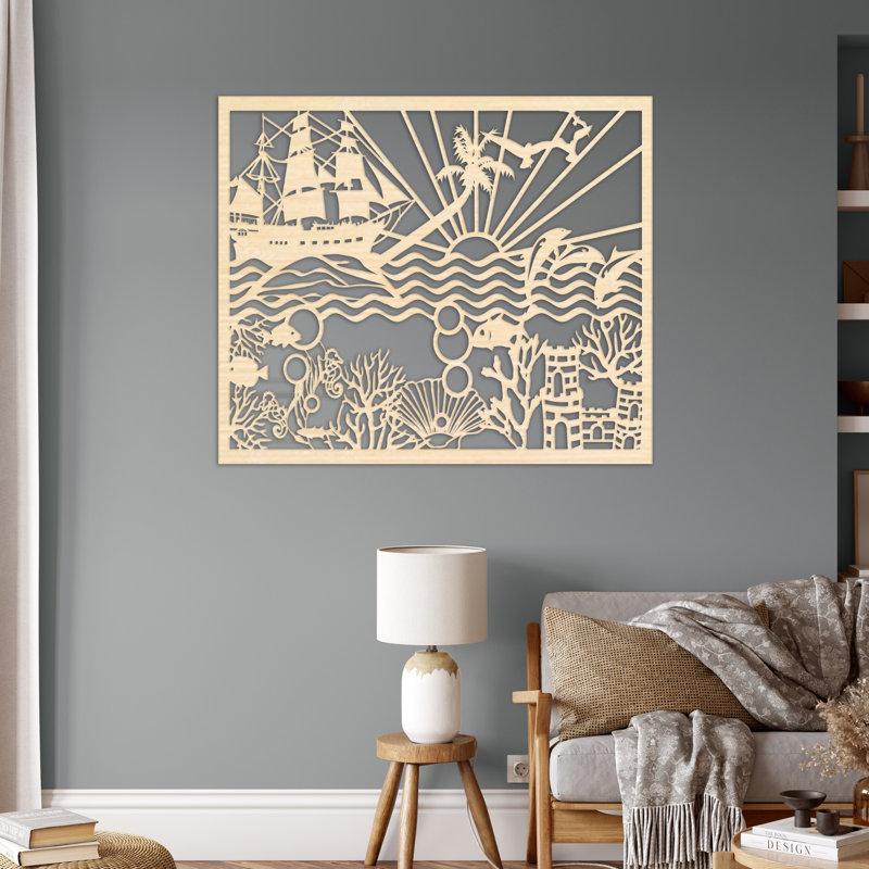 Décoration murale abstraite avec soleil, vagues, bateau et vie marine - Bouleau baltique naturel