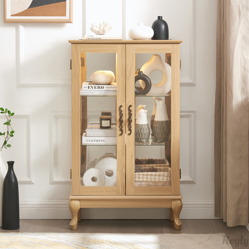 2 Glass Doors Lighted Display Cabinets with Mirrored Back Panel and Adjustable Shelves, Oak