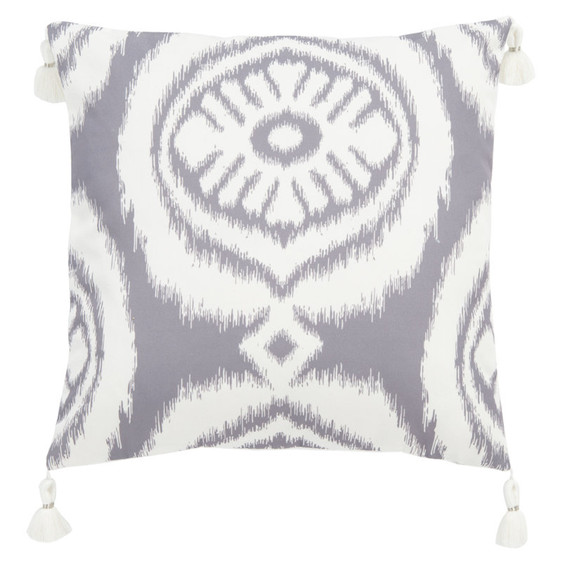 Gray and White Ikat Square Outdoor Pillow with Tassels