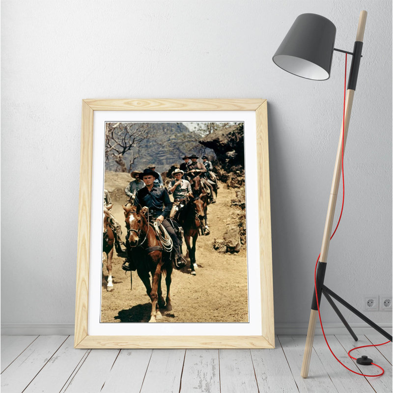 Magnificent Seven Brown Blue - Single Picture Frame Print on Canvas, 89cm H x 64cm W, Light Oak Framed