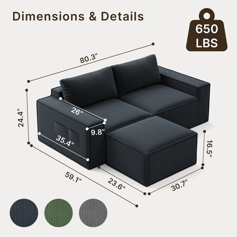 Canapé d'angle en velours côtelé de 203 cm de large avec assises profondes, pour salon, Blue