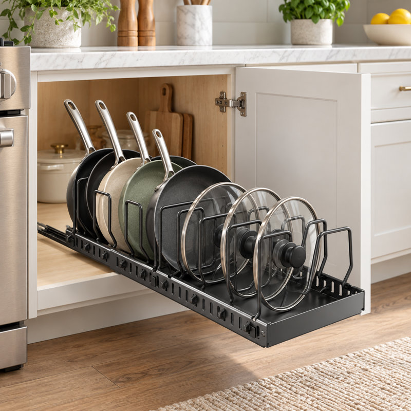 Organisateur extensible pour casseroles et couvercles, support en acier au carbone sans perçage de 42 à 53 cm (16,5 à 20,9 pouces) pour armoires et comptoirs de cuisine.