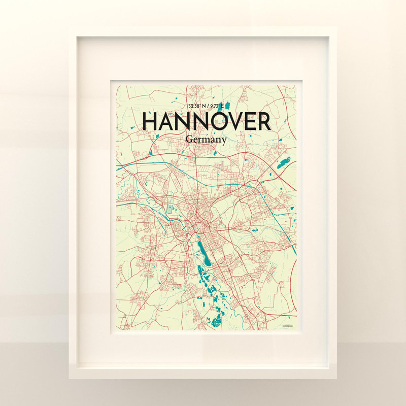«Hannover City Map», impression, Vert / beige, H 20 po x l 16 po