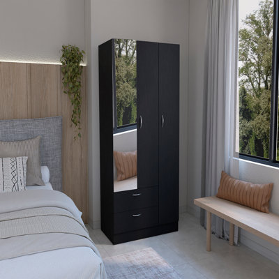Armoire à miroir 3 portes avec deux tiroirs, quatre tablettes et tringle