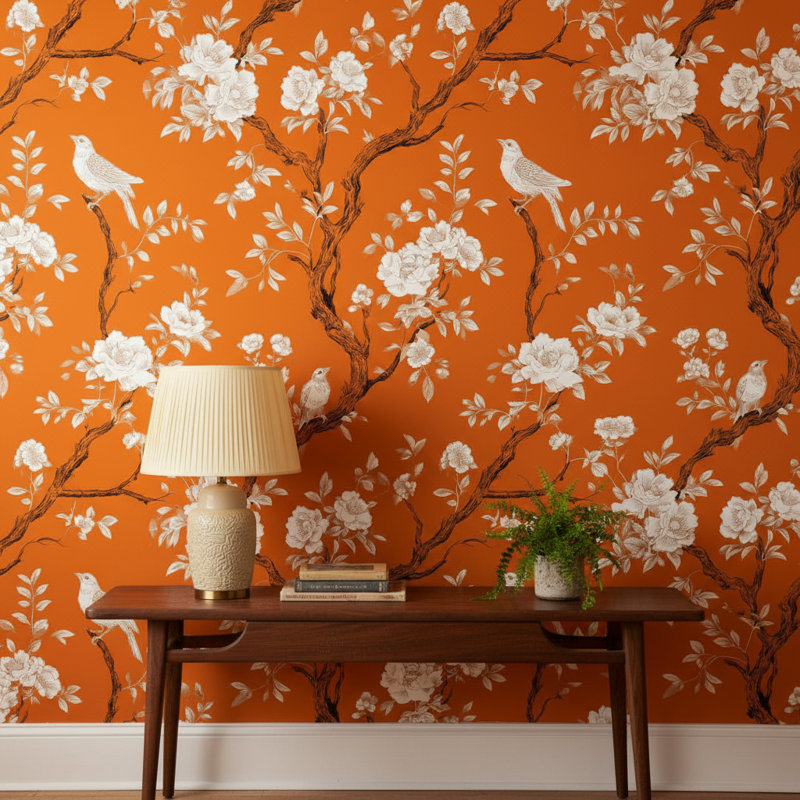 Papier peint floral, oiseaux, décoration murale orange
