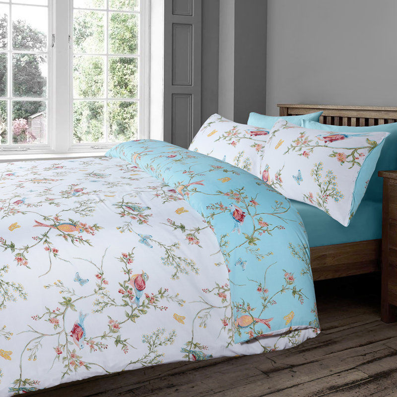 Rasheema Duvet Set, Super King - 3 Standard Pillowcases, Duck Egg/White, Delicate Birds Floral