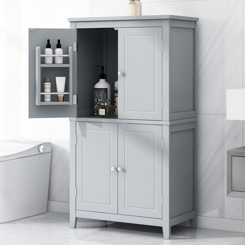 Grande armoire de rangement de salle de bain grise avec 4 portes, tablettes réglables, tirez le meilleur parti de l'armoire autoportante, portes polyvalentes