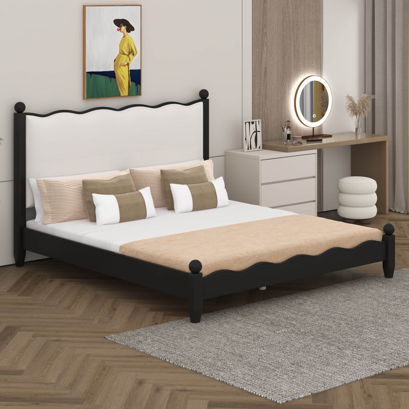 Lit plateforme avec tête de lit tapissier festonnée, structure en bois, Queen, Black/Beige