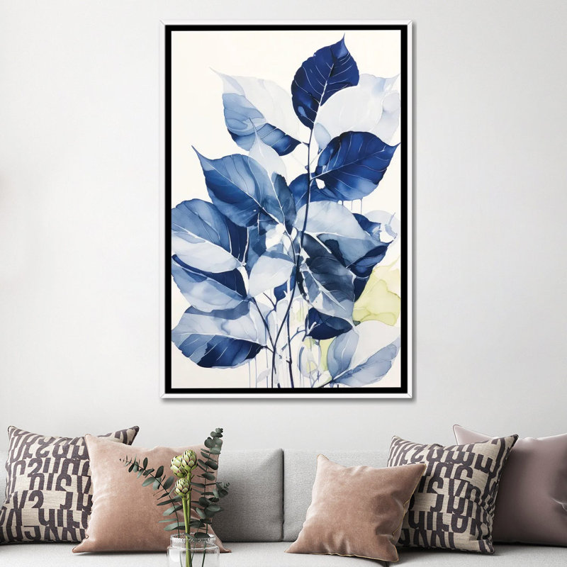 Blue Leaves I - Wall Art Print, 60" H x 40" W, Framed Print without Mat, White