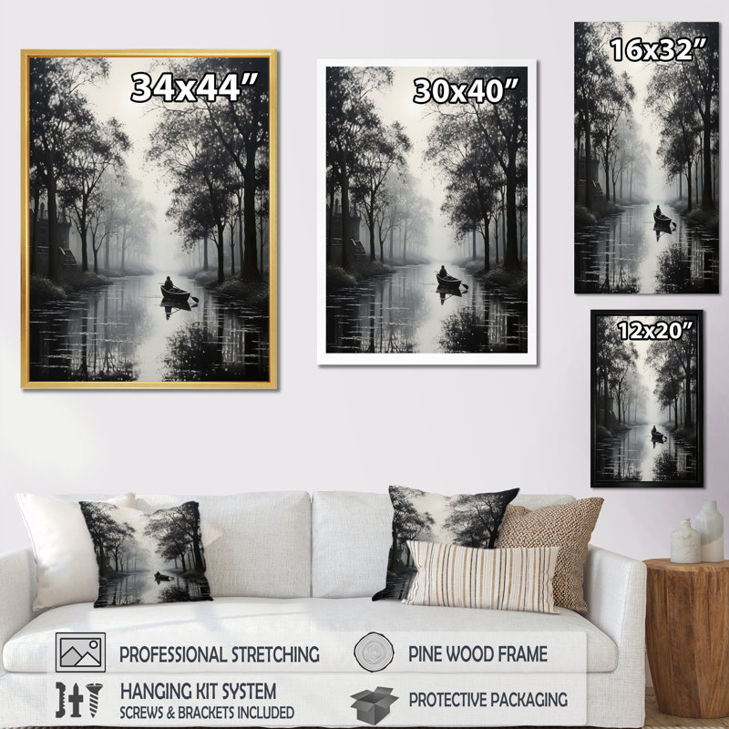 Impression sur toile Canal Quiet Passage Charcoal III - Canals, H 32 po x l 24 po x P 1 po, Encadrement doré