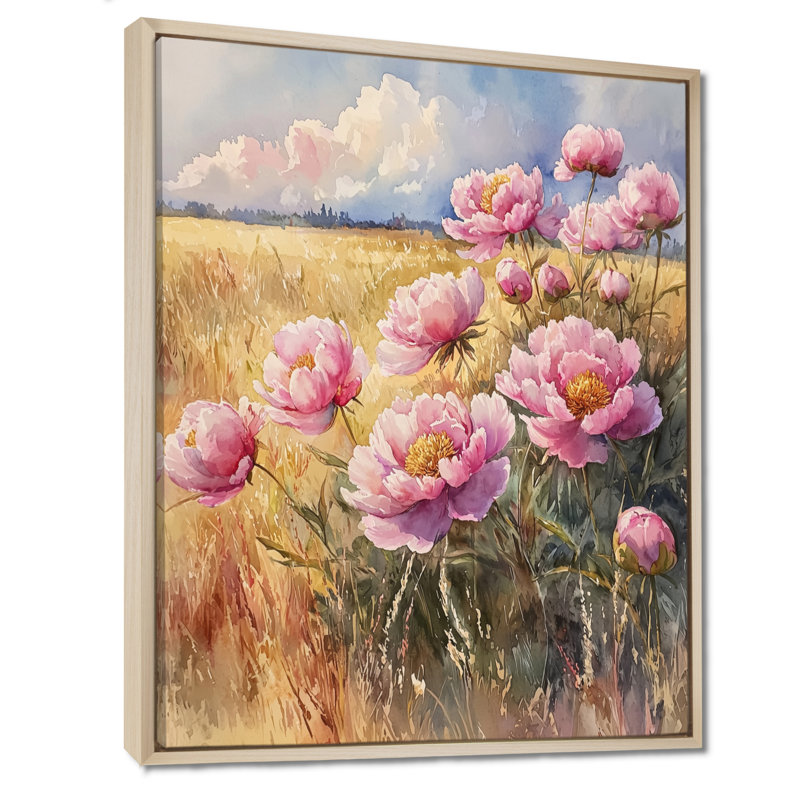 Pivoines dans le champ d'été III - pivoines, art mural, H 44 po x l 34 po, Reproduction avec cadre flottant, Crème, crème