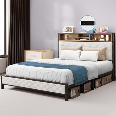 Bookcase Upholstered Storage Bed with Built-In Charging Station