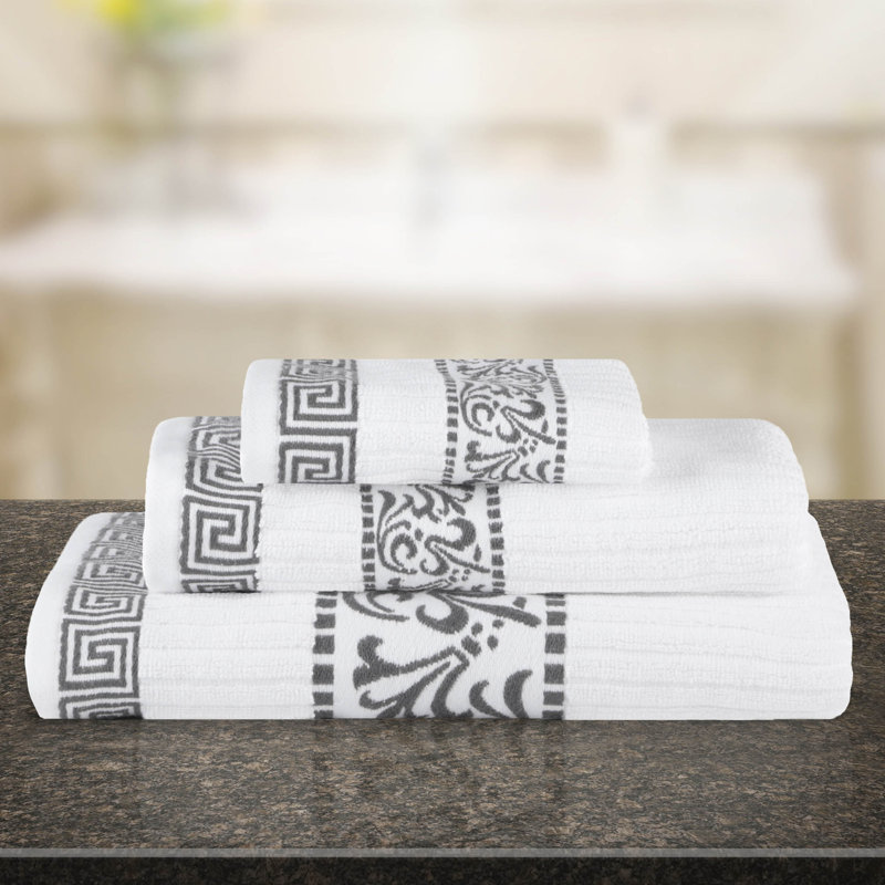 Jiro Athens 100% Cotton Medium Weight Floral Border Assorted Towel Set, White/Gray