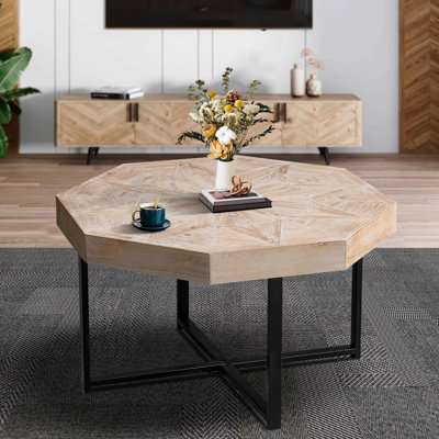 Wood Octagonal Vintage Patchwork Craft Farmhouse 30 Inch Wooden Table Top Cross Metal Legs Coffee Table For Living Room - Antique Black