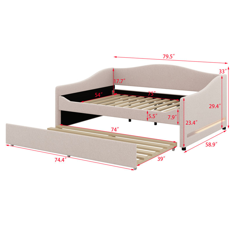 Upholstered Daybed With Light And Trundle, Beige