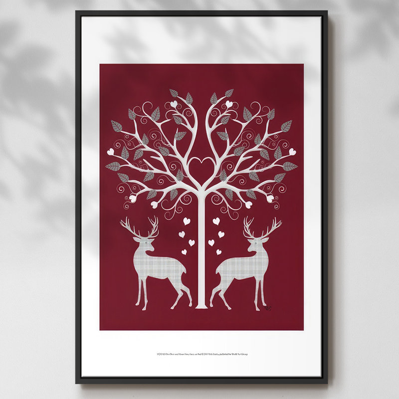 Christmas Des - Deer and Heart Tree, gris sur fond rouge, reproduction sur toile, H 25 po x l 17 po x P 1,5 po, Noir