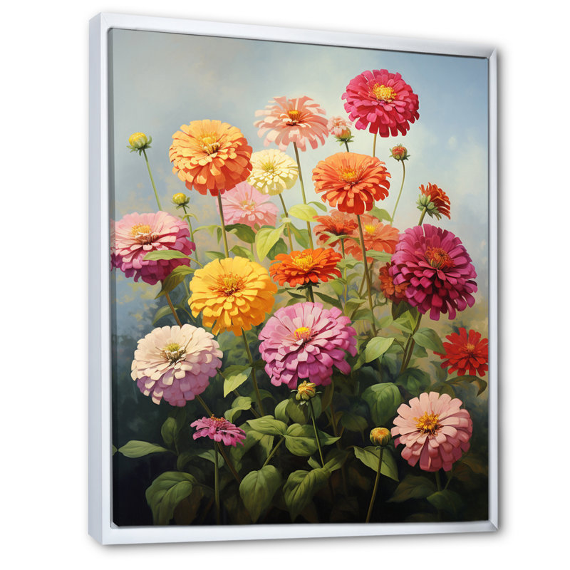 Zinnias Romantic Impression, reproduction d'art sur toile, Cadre flottant blanc, H 44 po x l 34 po x P 1,5 po