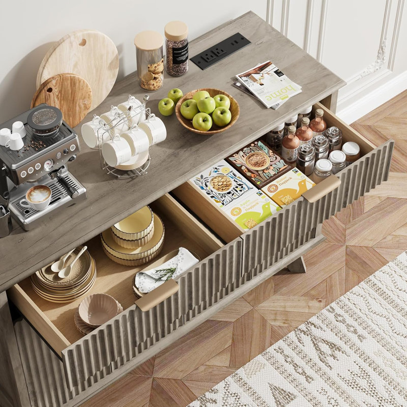 47.2" Fluted Buffet Cabinet, Sideboard With 2 Drawers & 2 Cabinets, Storage Cabinet With Adjustable Shelves, Mid-Century Coffee Bar Table For Living Room, Dinning Room