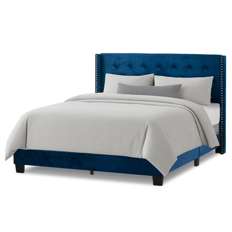 Holliston Upholstered Wingback Bed, Navy Velvet, Queen