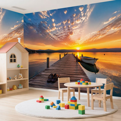 Wall Mural Peel and Stick Wallpaper Small Dock Boat lake Self-Adhesive Removable Contact Paper Wall Decor for Living Room Bedroom 100"H x 144"W