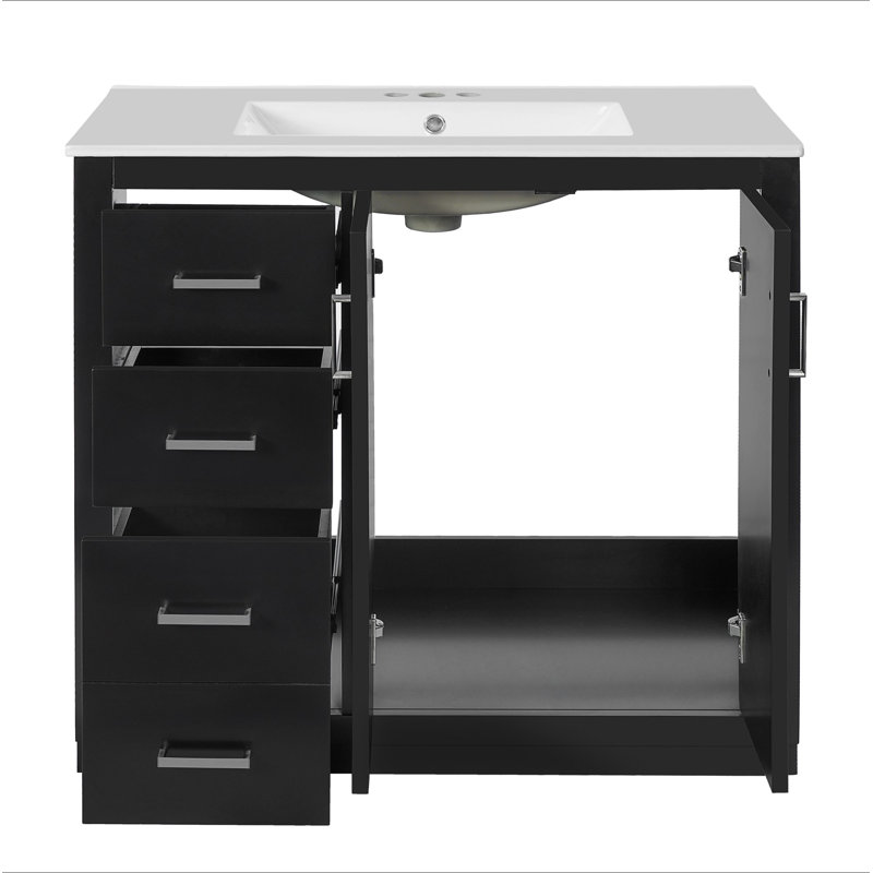 Ensemble de meuble-lavabo 36 po avec lavabo en céramique, armoire de rangement en bois massif, ensemble de meuble-lavabo autoportant avec 3 tiroirs et portes à fermeture douce