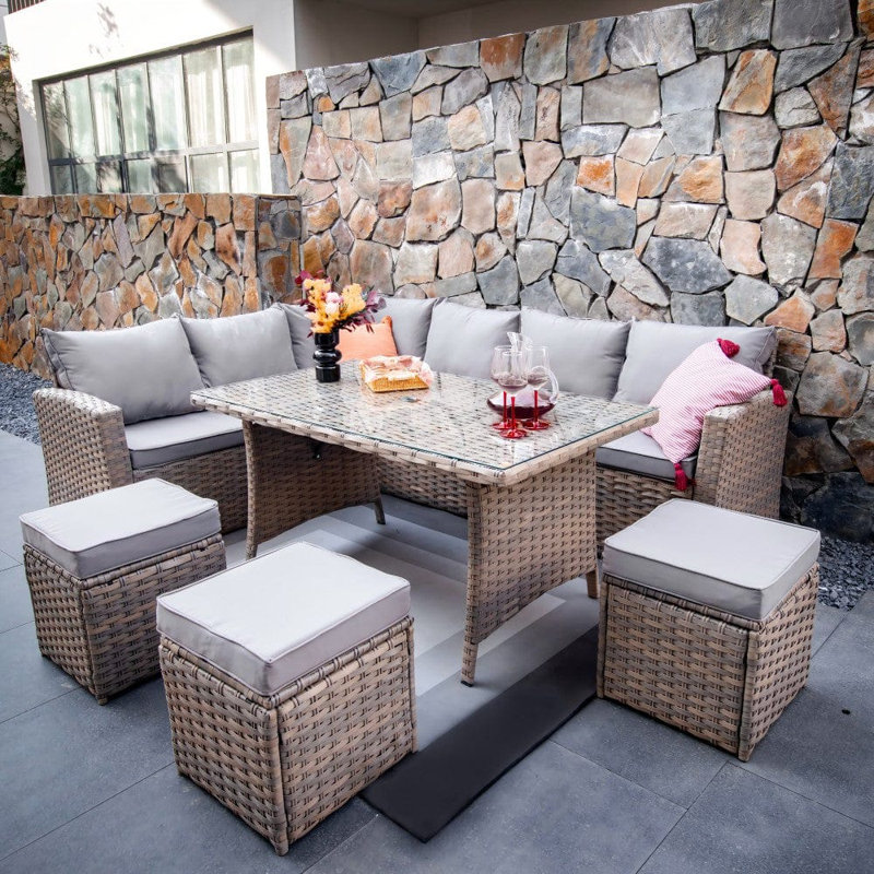 Biftu Wicker 9 - Person Garden Lounge Set with Cushions, Natural, Yes