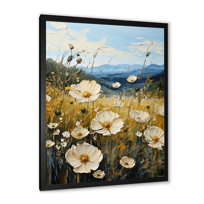 Buttercups Flowers Mountain Landscape sur toile, Cadre simple noir, H 44 po x l 34 po x P 1,5 po