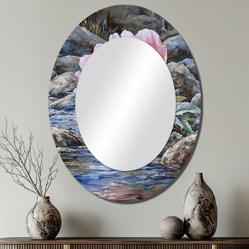 Pivoines et la rivière de montagne I - Grand miroir mural ovale sur métal, 40 po x 30 po