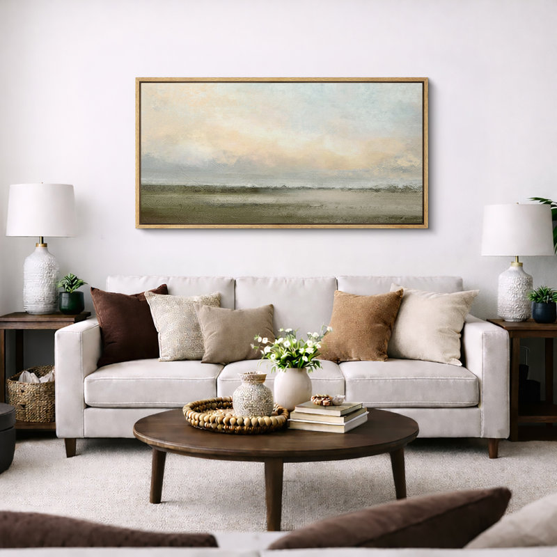 Muted Green Sunrise French Country Landscape Rustic Neutral Large Framed Canvas Print Wall Art Work, 30" H x 60" W, Natural