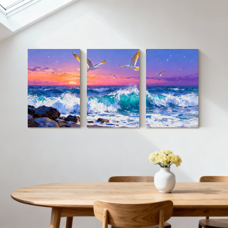 Abstrait océan vagues coucher de soleil mouettes ciel roches plage ensemble de 3 impressions d'art sur toile, 18" H x 36" W