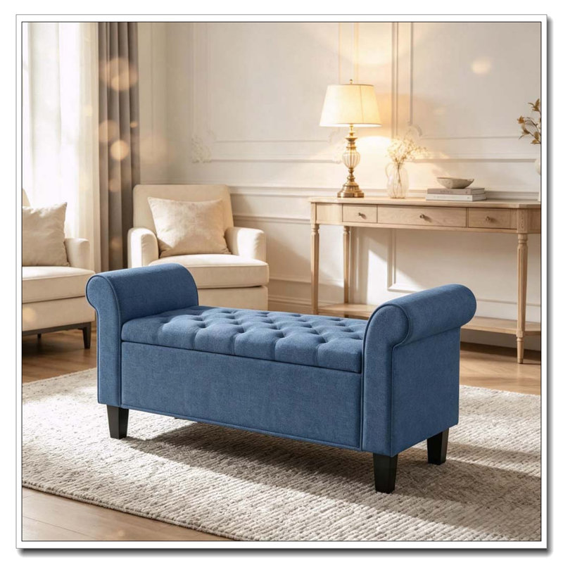 Banc de rangement touffeté à accoudoirs roulés, Bleu, Bleu