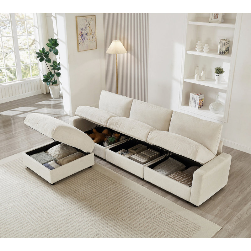 Canapé modulaire modulaire, 4 canapés modulaires en L en tissu de polyester pour le salon, 3 canapés en nuage avec repose-pieds, canapé modulaire à sièges profonds (beige)