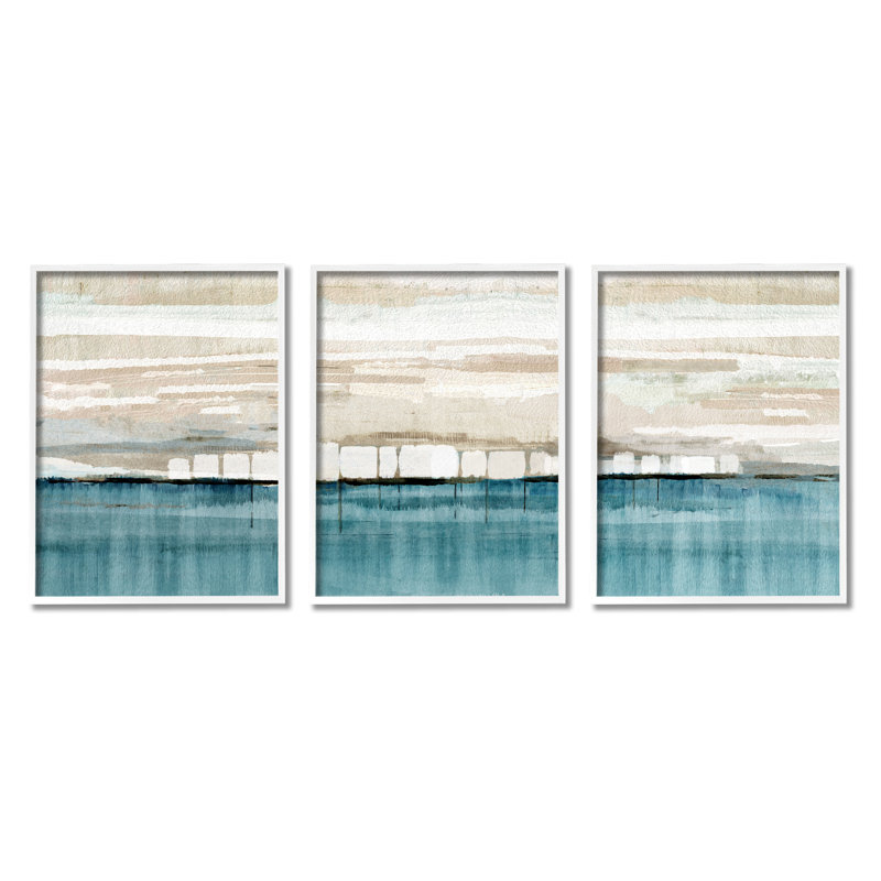 «Modern Modern Beige & Blue», impression sur bois 3 pièces, H 20 po x l 48 po x P 1,5 po, Giclée encadrée blanc bord de mer