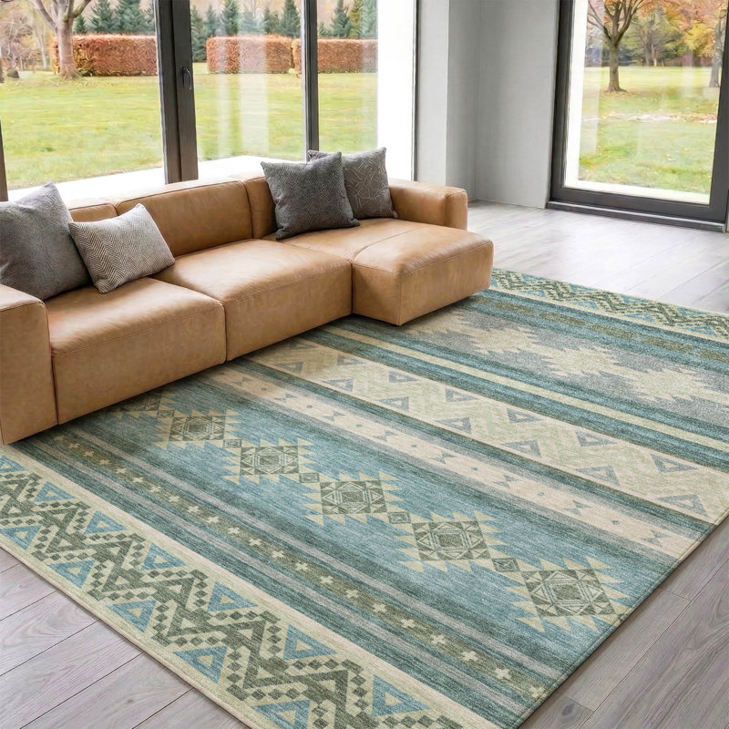 Tapis de qualité supérieure lavable à la machine Villers Global, Teal, 3' x 5'