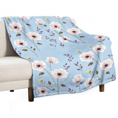 Jeté en flanelle de luxe à motif floral rose (1), couverture douce et chaude pour le canapé-lit du salon