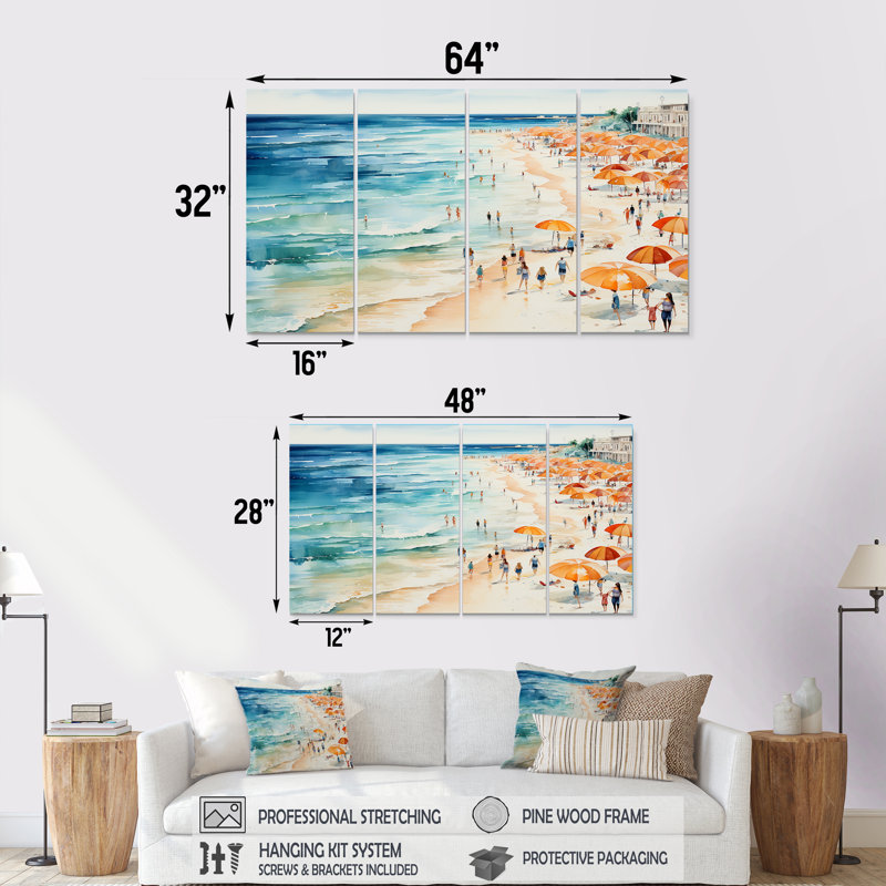 Beach Day Umbrella Parade V - Coastal Beach Sand, 4 pièces, art mural, H 32 po x l 64 po