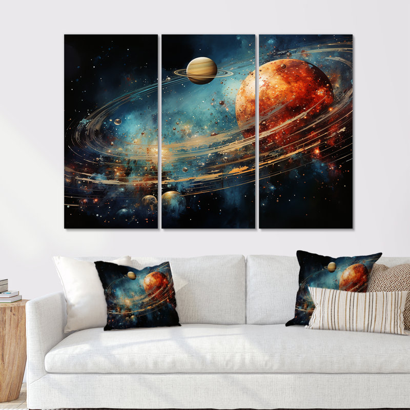 Saturn Ruby Rings Orbiting Elegance - Notre ensemble de décoration murale système solaire, Toile tendue