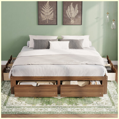 King Size Pine Wood Platform Bed with 6 Storage Drawers, Light Walnut Finish