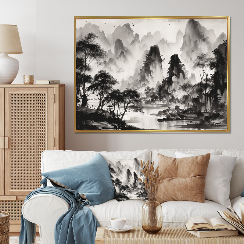 «Black and White Asia Mountains I», reproduction d'art sur toile, H 16 po x l 32 po x P 1 po, Cadre flottant doré