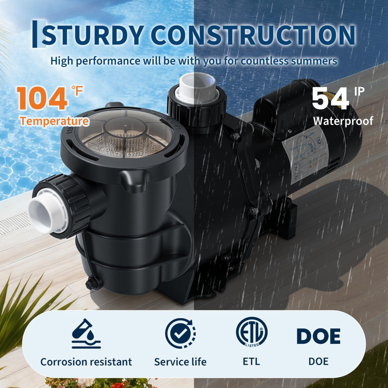 Pompe de piscine à double puissance haute performance GarveeHome - Pompe de circulation électrique 2 HP, auto-amorçante, moteur en cuivre robuste à vitesse unique avec panier-filtre, 100 gallons par minute - pour piscines hors terre / creusées