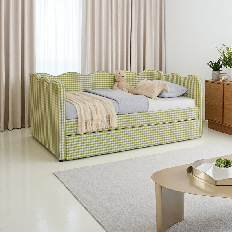 Cozy Gingham Daybed With Trundle Twin Size Sofa Bed No Box Spring Needed, Green