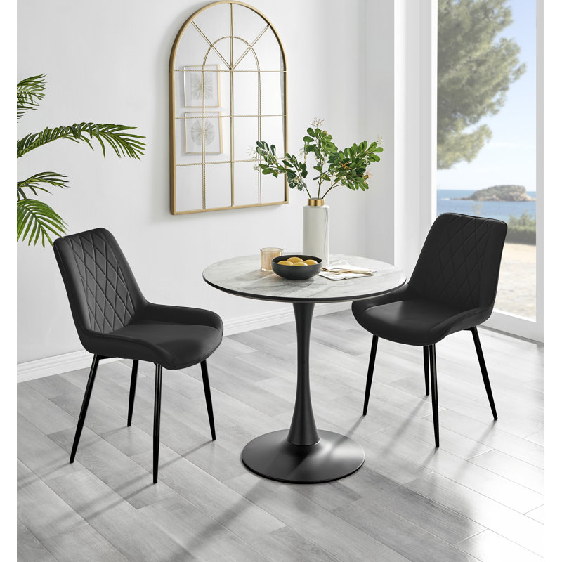 Eubanks White Marble Effect Melamine Round 80cm Dining Table And Chairs - 2 Velvet Dining Chairs, Black