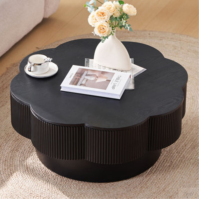 31.50"Modern Flower Shaped Coffee Table, Plum Blossom Shaped Coffee Table With Storage – Natural Wood Veneer, For Livingroom, Apartment, Office, Easy Assembly, Black