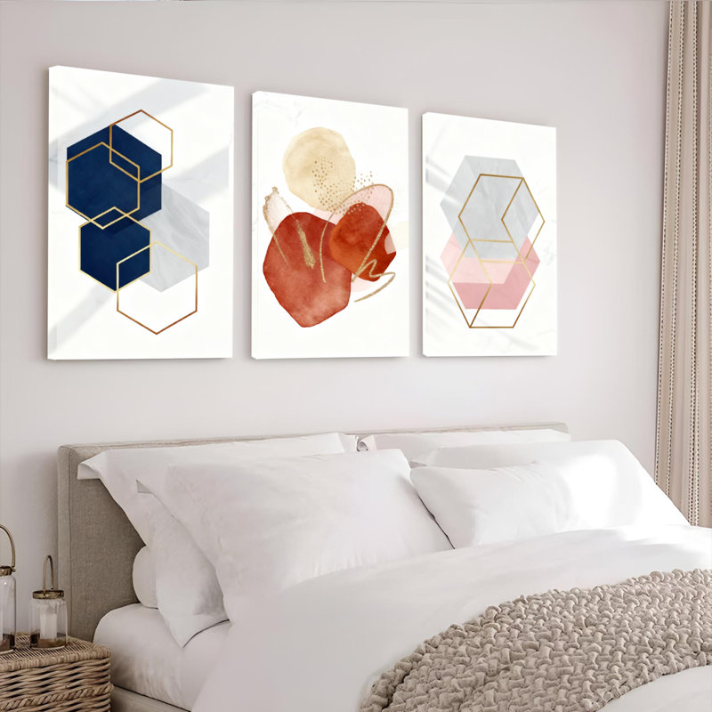 «Geometric Hexagon», ensemble de 3 reproductions d'art sur toile tendues, H 18 po x l 36 po